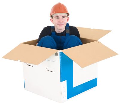 Laborer on the helmet in box on a white background
