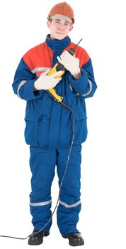 Laborer on the helmet with drill on a white background