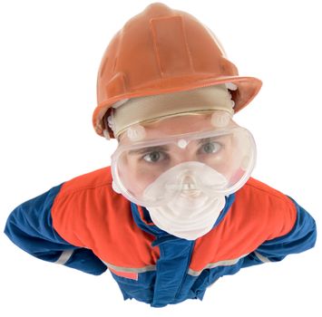 Laborer on the helmet and respirator on a white background