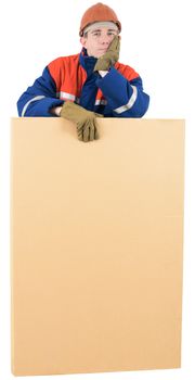 Laborer on the helmet with box on a white background