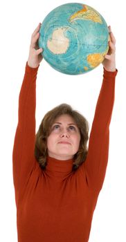 Woman holding on extended hand on head terrestrial globe