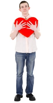 Young man presses red heart on the white background