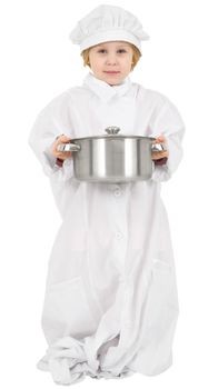 Little cook with saucepan in hands on the white background