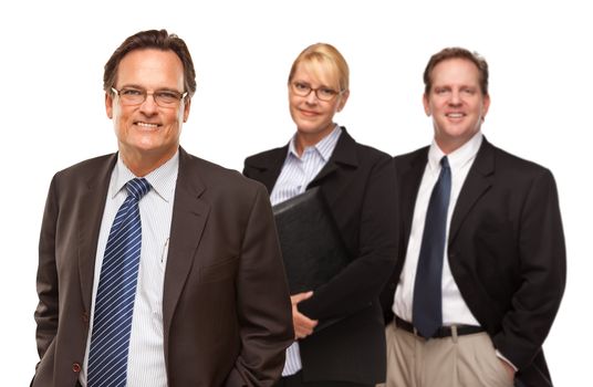 Handsome Businessman with Team Smiling in Suit and Tie Isolated on a White Background.