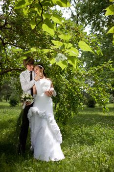 bride and groom in the park