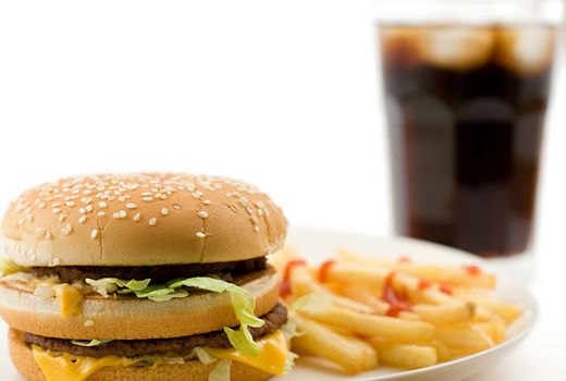 cheeseburger, soda drink and french fries, shallow DOF, shot on white