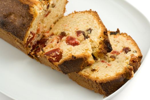 fruit cake, shallow DOF, shot on white