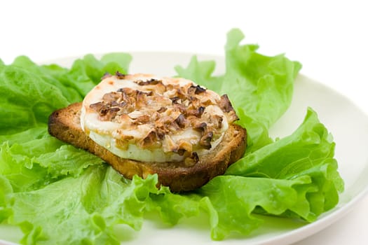green salad with goat cheese and toast, shot on white