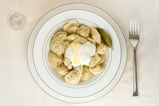 dumpling on a plate, fork, shot of vodka