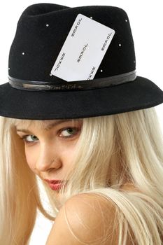 lovely blond in hat with joker card