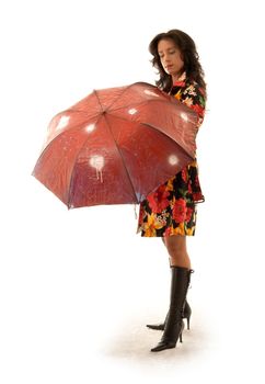 lovely girl in colorful coat with umbrella