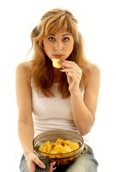 lovely girl eating potato chips