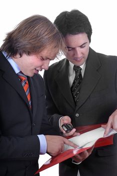 two young business men portrait on white