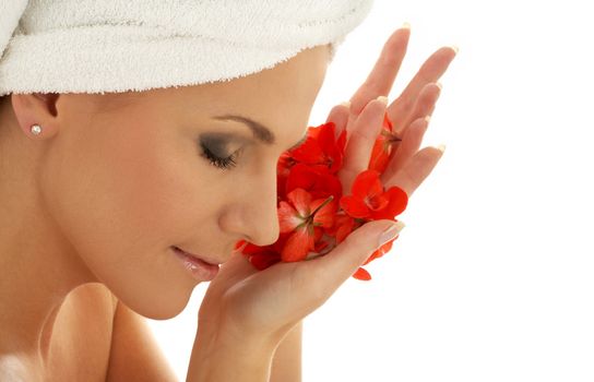 lovely woman with red flower petals