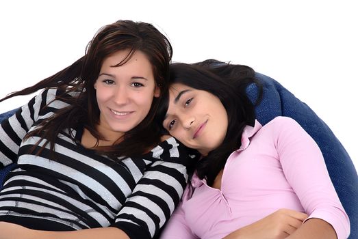 two young casual girls portrait in studio