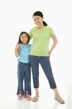 Asian mother and daughter standing with arms around eachother.