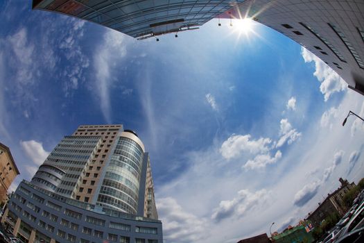 view to the sky and skyscrapers of the city