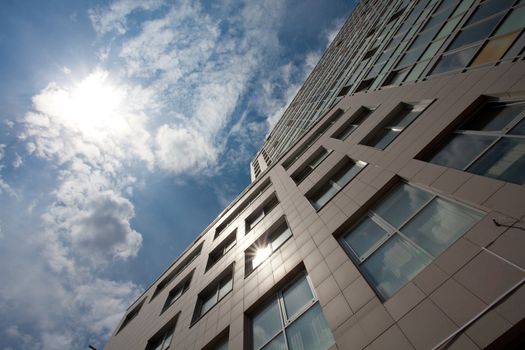 view to the sky and skyscraper of the city