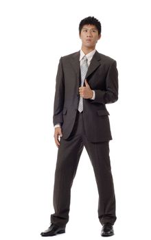 Asian handsome business man, full length portrait isolated on white background.