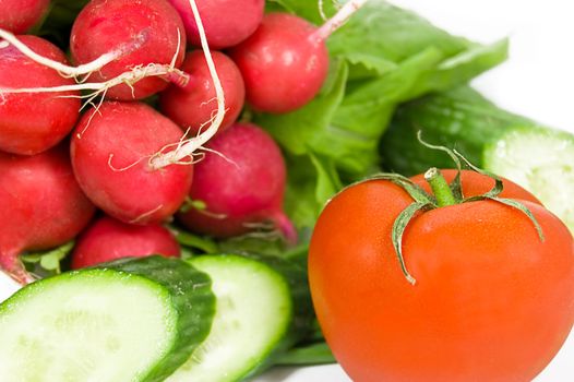 radish, green onion, cucumber, tomato isolated on white