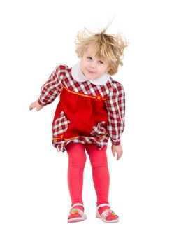 Little mischievous girl on the white background