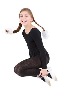 Jumping girl in black ballet tights and points