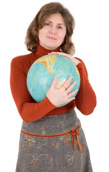 Woman holding in the hand terrestrial globe