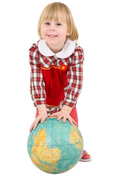Little girl and terrestrial globe on the white background