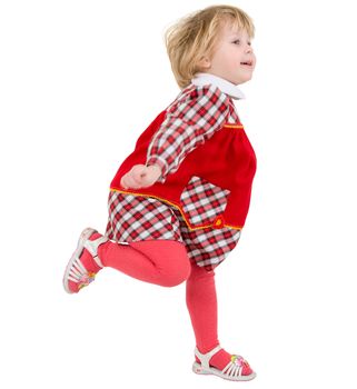 Little girl jumps on the white background