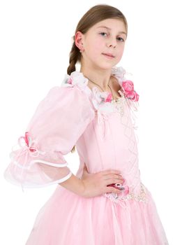 Girl in pinkish dress on a white background