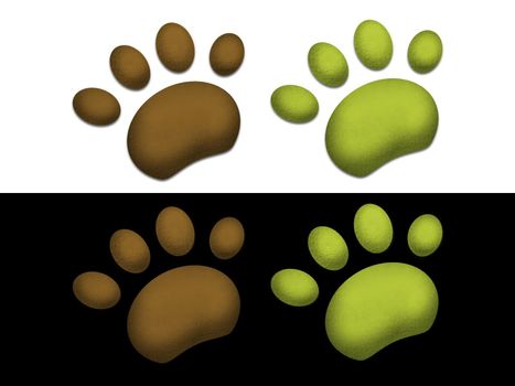 Green and brown paws on black background and white background 