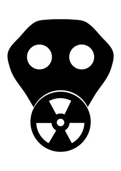 Black and white illustration of a gas mask with the toxic symbol displayed on the filter