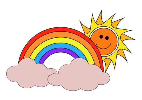 Illustration of The Sun, A rainbow and clouds 