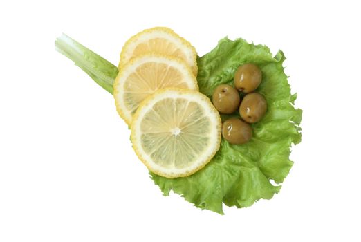 Sliced lemon and few green olives lying on lettuce leaf. Isolated on white with clipping path