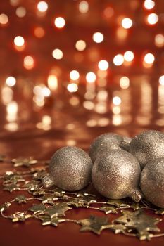 Christmas decoration with baubles. Shallow depth of field, focus on bauble, aRGB.