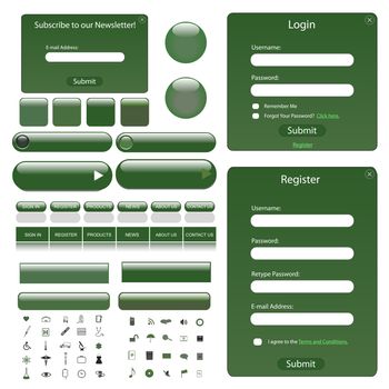 Web template with forms, bars, buttons and many icons.
