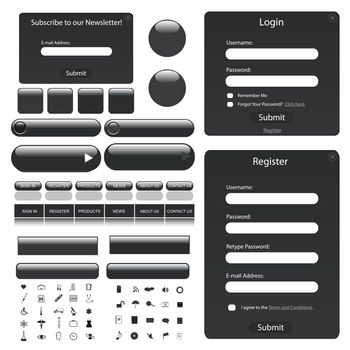 Web template with forms, bars, buttons and many icons.