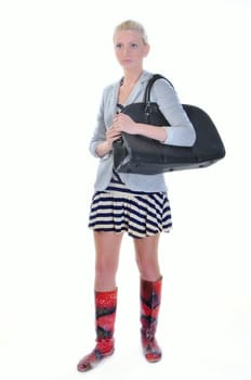 beautiful young adult woman with road bag, isolated on a white background