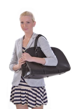 beautiful young adult woman with road bag, isolated on a white background