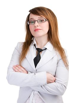 Business woman in a suit on isolated white