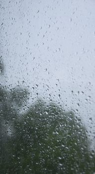 Raindrops collecting on a window on a gloomy and rainy day. 