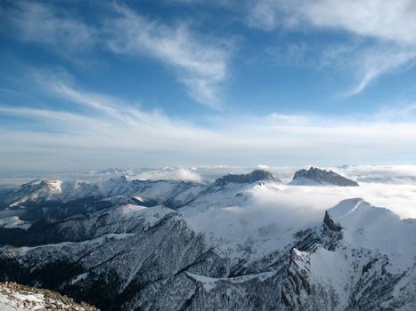 mountains; the glacier; the snow; the top; the mist; the cloud; the blue sky; type; the landscape; background; dawning; nature;  beauty; landscape, panorama, journey, spine, game reserve
