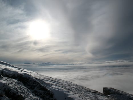 mountains; glacier; snow; top; mist; the cloud; blue sky; type; landscape; background; dawning; the nature; the beauty; 