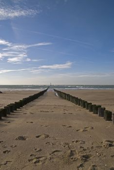 Beach with wooden poles on a beach in Zeeland,Netherlands