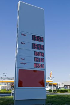 Gas prices sign by a gas station in the Netherlands, in the summer of 2008.
