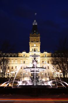 Typical night scene from Quebec City: Quebec parliament building (H�tel du Parlement) and Fontaine de Tourny. Long exposure.