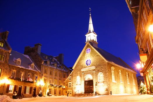 Quebec city famous landmark. The church at Place Royale. Winter in Quebec, Canada.