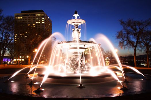 Quebec City night scene in downtown. Fountain: Fontaine de Tourny. Long exposure.