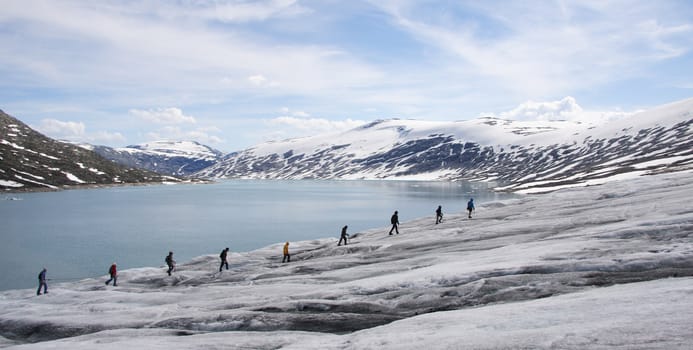 Glacier walking on Jostedalsbreen in Norway. Lake: Styggevatnet. Glacier arm: Austdalsbreen