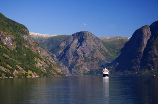 Cruise ship on the fjord Sognefjorden, norway 